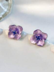 1 Pair Fashionable Minimalist Delicate Blooming Flower Glass Inlaid Elegant Earrings, Suitable For Party, Daily, Gathering, Vacation, Banquet Wear - Purple - View 6