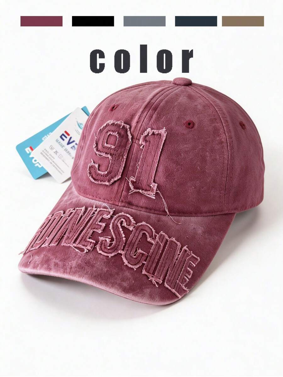 1 Pc Unisex Fashionable 91 Embroidered Washed Baseball Cap - Breathable, Adjustable Retro Baseball Cap - Unisex Casual Sun Hat, Perfect For Outdoor Activities, Travel, And Running (Available In Multiple Colors)