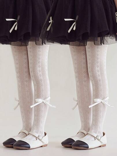 2pcs Girls' Sweet Cute Bow Decor Breathable Mesh Tight Leggings, Suitable For Spring/Summer, Lolita And Princess Style Daily Matching