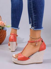 Giày sandal hở mũi kiểu La Mã dành cho nữ, đế dày, gót xuồng, giày cao gót đế xuồng gợi cảm, thích hợp cho mùa hè. - Đỏ - Xem 4
