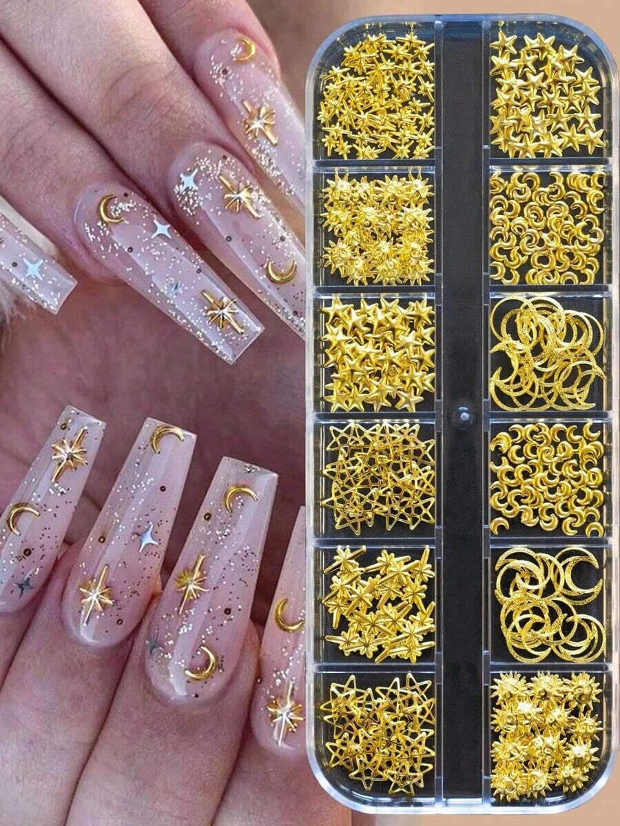 12-Grids Nail Beads With 1Pc Magnet Picker Tool 3D 12Grids Gold Silver Caviar Beads Metal Nail Charms Gems Mixed-Sizes Gold Silver Steel Balls Nail Art Design Decoration Manicure Diy Supplies Metal Charm Mini Caviar Nail Beads Crystal Decoration Nails - 黃金2 - 查看 1