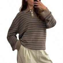 Argeousgor Y2k - Camisa de rugby a rayas para mujer manga larga con cuello playera de polo preppy para niñas ropa de calle - Hermoso caqui. - Ver 7