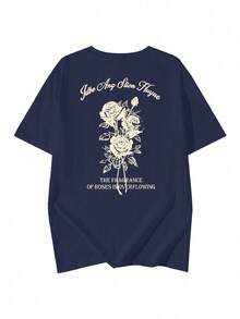 女款圓領寬鬆百搭簡約字母與玫瑰花圖案短袖T恤，春/夏休閒款 - 藏蓝色 - 查看 6