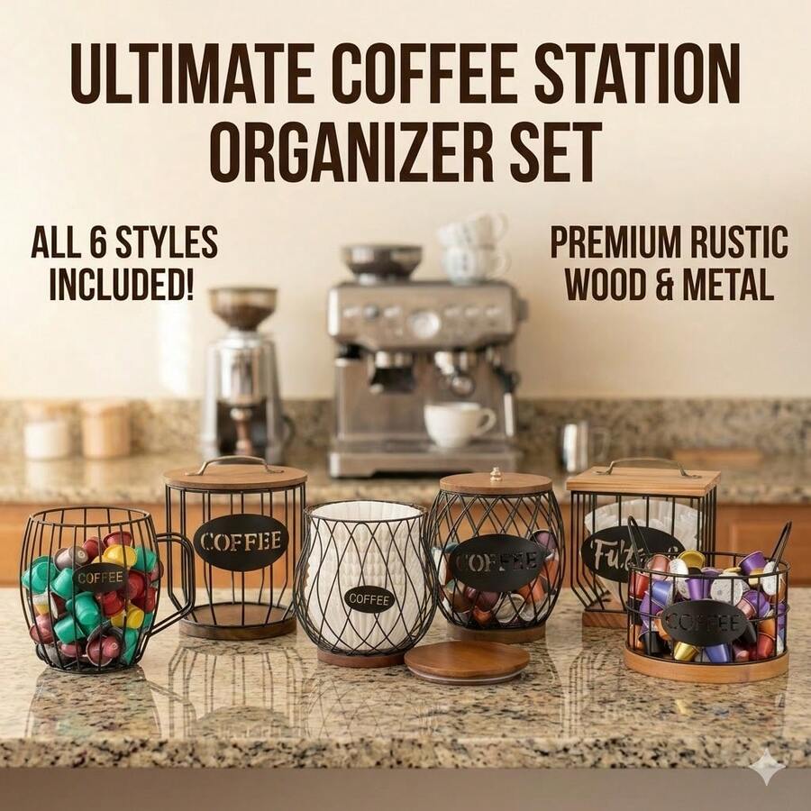 Rustic Farmhouse Coffee Bar Station Organizer Set, Vintage Metal Coffee Pod Holder & Storage Shelves For Counter, Kitchen Countertop Accessories, Cute Coffee Gifts - Multicolor - View 1