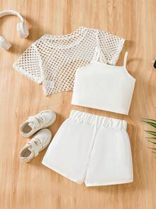 3pcs Tween Girl Brooklyn Letter Print Camisole + Mesh Overlay Top + Shorts Outfit, Fashionable Summer Outdoor Set, Suitable As Summer Gift - White - View 3