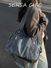 This Stylish Women's Handbag Features Double Handles And A Zip Closure. This Chic And Minimalist Handbag Is Perfect For Work, Dates, And Everyday Use. - Blue - View 5