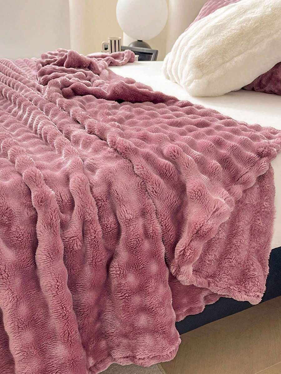 1pc Rose Red Bubble Fleece Rolled Edge Soft & Skin-Friendly Blanket, Suitable For Bedroom, Guest Room, Polyester Fiber Lightweight Daily Use, Breathable Thin Air Conditioning Quilt - Rose Red - View 1