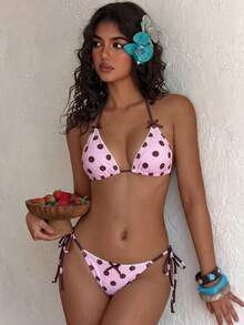 PEPPERMOLLY 两件套复古性感泳衣套装，粉色和棕色波点比基尼，带蝴蝶结和蕾丝边，清新可爱，适合海滩度假，夏季必备吸睛泳装 - 粉紅棕色 - 查看 6