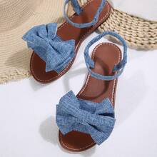 Sandalias de estilo bohemio con lazo suave, sandalias planas romanas versátiles de punta abierta para mujer en verano - Azul - Ver 4