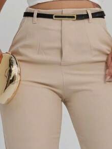 Women's High-Waisted Tailored Trousers With Belt | Elegant Formal Trousers With Pocket And Side Zipper - Màu be - Xem 3