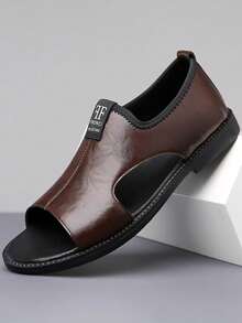 Men's Solid Color Basic Faux Leather Slip-On Beach Sandals, Summer - Brown - View 1