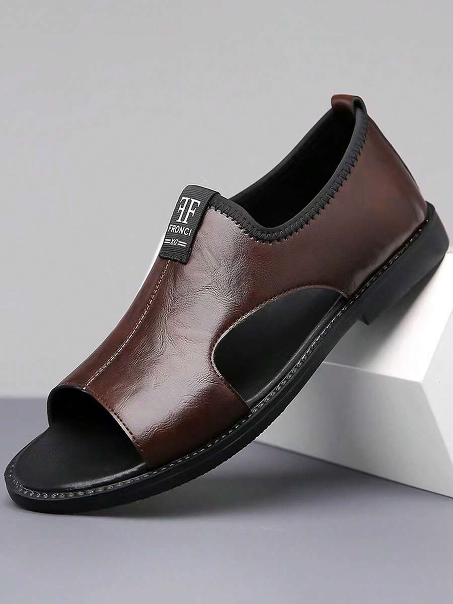 Men's Solid Color Basic Faux Leather Slip-On Beach Sandals, Summer - Brown - View 1