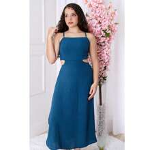 Women's Long Dress In Premium Duna Fabric With Thin Straps, Waist Cutout, Adjustable Elastic Back, Flowing Skirt With Side Slit, Elegant Fit, Comfortable And Modern Casual Chic Design - 水鴨藍 - 查看 2