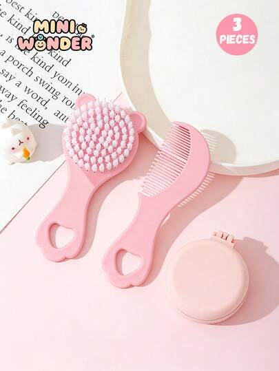 Set de 3 piezas de peine y espejo con forma de oso de peluche de estilo casual y de dibujos animados para niños, juego de herramientas para el cabello que incluye un cepillo de cerdas suaves, un peine y un peine con espejo. Mango de plástico ABS, portátil para viajes, adecuado para uso diario en el hogar y para viajes, para peinados comunes