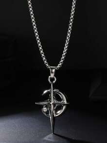 Collar con colgante de luna, estrella y cruz con circonita cúbica dorada para hombre, cadena de caja de acero inoxidable, joyería de moda punk de hip hop, regalo para él - Plateado - Ver 8