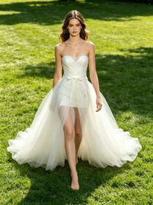 可拆卸婚纱裙摆，白色拖尾新娘礼服，简约婚纱，女主人长款薄纱裙，夏季，沙滩 - 彩色 - 查看 5