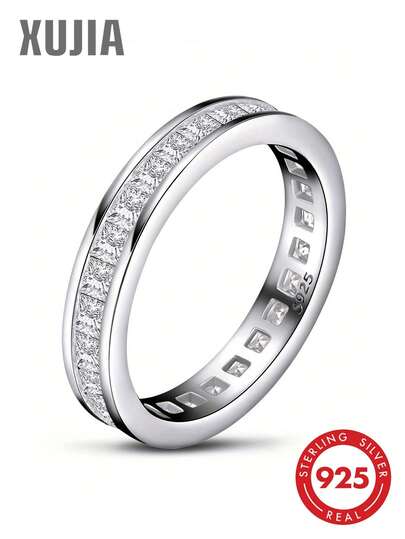 XUJIA 1pc 925 Sterling Silver Women's Full Eternity 2x2mm Princess Cut CZ Stackable Wedding Anniversary Birthday Gift Ring