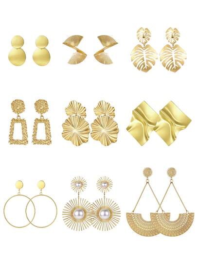 Xiacheng 1/9 Pairs Clip On Hoop Earrings For Women Geometric Round Twist Chunky Hoop Earrings No Piercing Fake Earrings Gold Tone