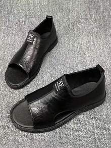 Men's Solid Color Basic Faux Leather Slip-On Beach Sandals, Summer - Black - View 4