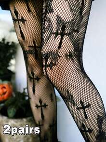 1/2/3双朋克暗黑十字图案渔网过膝长袜，哥特式暗黑性感透视高腰踩脚网眼裤 - 彩色 - 查看 8