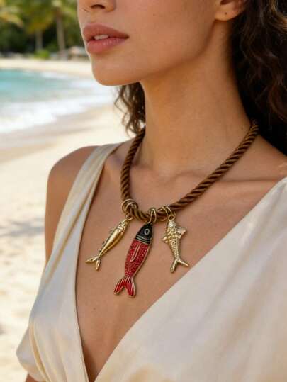 ZA Women's Brown Rope Fish Pendant Necklace | Enamel Fish Punk Bohemian Easter Mother's Day Beach Party Jewelry