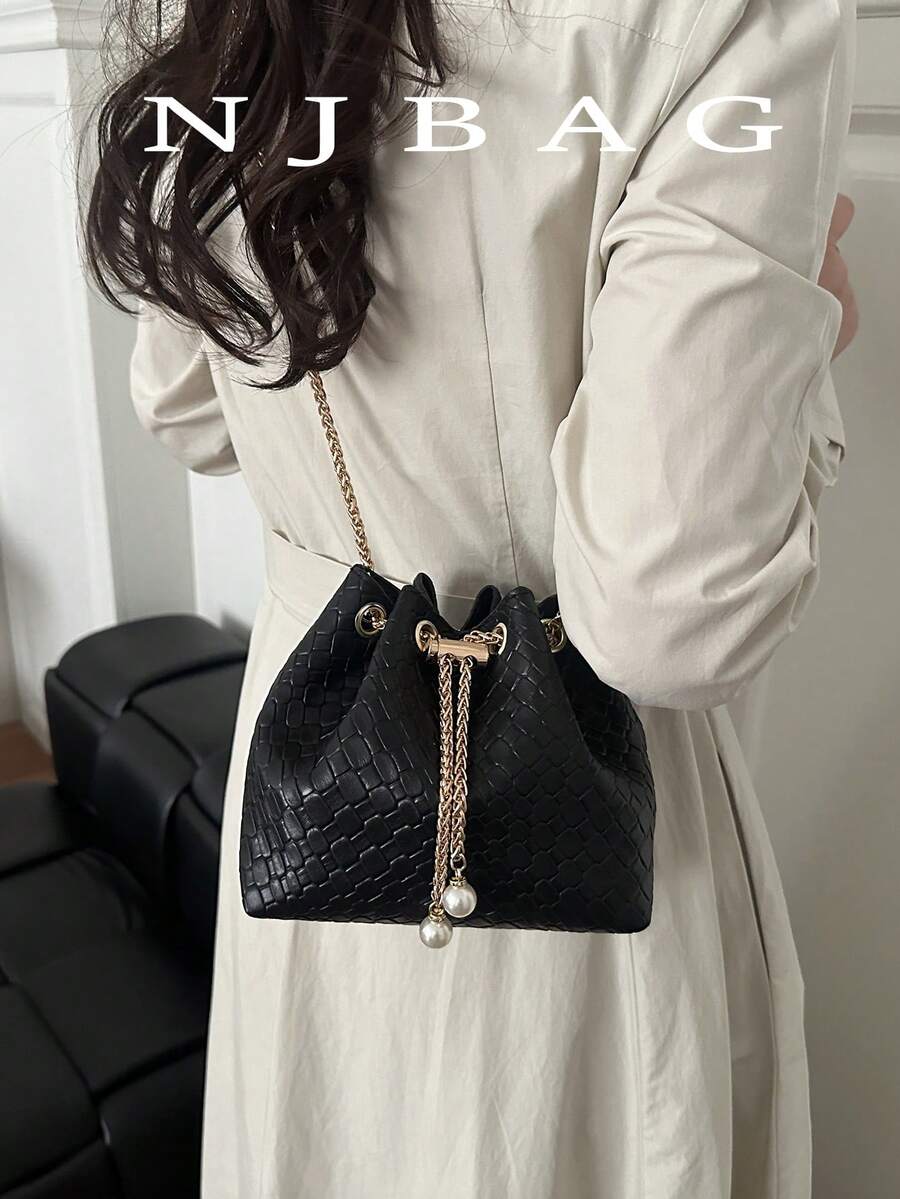 Mini Woven Bucket Drawstring Closure Shoulder Bag, Versatile For Party, Casual, Minimalist Design, Can Be Worn As Crossbody, Shoulder Or Backpack