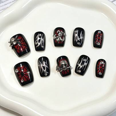 10pcs Short Square Nail Stickers, Black & Red Tie Dye Gradient Cat Eye Nails With Hand-Painted Spider Web, Silver Striped Edges, 3D Spider Skull & Rhinestone Decor, Goth Y2K Punk Style, High Contrast Metallic Finish, Suitable For Music Festivals, Rock, Easter, Cosplay, Halloween, Baddie Outfits, Niche Personalized Design For Daily Wear, Selfies, Gatherings With Friends. Includes 1 Bottle Of Jelly Gel And 1 Nail File.