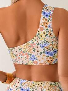 Spring/Summer Floral Print Ruched Bandeau Bikini Set, Sexy Two Pieces Swimwear For Women Vacation Beach - Yellow Flowers - View 2