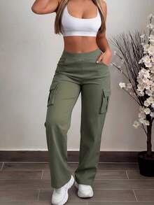 Plus Size Women Solid Color Casual Pockets Versatile Cargo Pants - Army Green - View 3