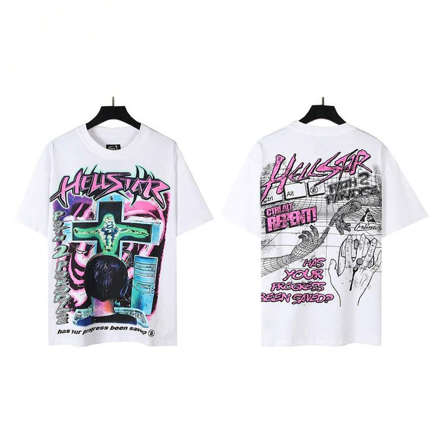 HellST Vintage Streetwear T-Shirt, 100 Percent Cotton Casual Loose Top, Unisex Couple Matching Tee - A771白色 - 查看 1