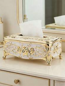 1pc Luxury Gold Tissue Box, Decorative Tissue Dispenser, Crystal Rhinestone Tissue Box, European Style Home Decor - Gold Pearlescent White - View 7