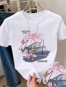 ,Estilo bohemio,,Estilo bohemio,Camiseta de mujer de cuello redondo con estampado de montañas y flores de cerezo, de estilo casual de verano,Estilo casual verano,Estilo casual verano - Blanco - Ver 1