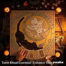 1 pieza Paño de altar misterioso con diseño de sol y luna, gato misterioso, paño de altar misterioso, paño para lectura de tarot, mantel con diseño de luna y plantas florales, decoración, tarot, gato, arcanos mayores - Multicolor - Ver 1