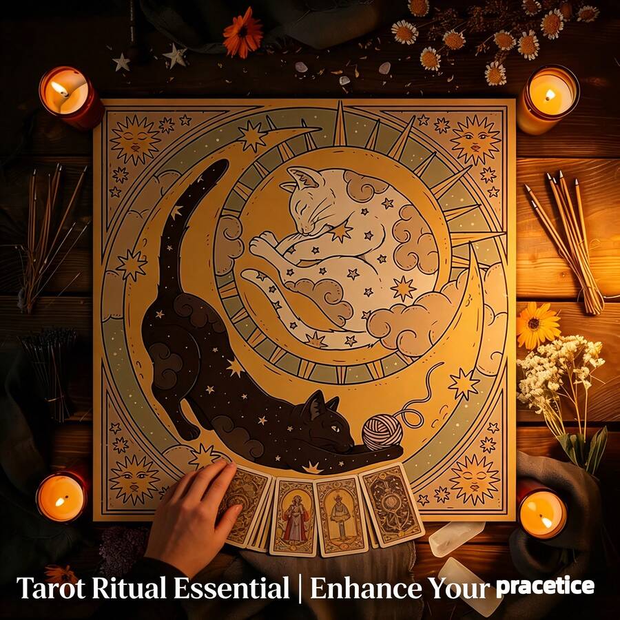 1 pieza Paño de altar misterioso con diseño de sol y luna, gato misterioso, paño de altar misterioso, paño para lectura de tarot, mantel con diseño de luna y plantas florales, decoración, tarot, gato, arcanos mayores - Multicolor - Ver 1