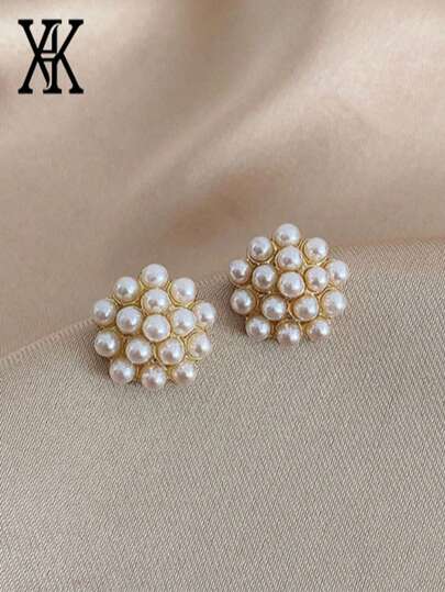 1 Pair White Faux Pearl Geometric Pentagram Earrings, Elegant Minimalist Versatile Earrings Suitable For Women's Daily, Festival And Party Wear