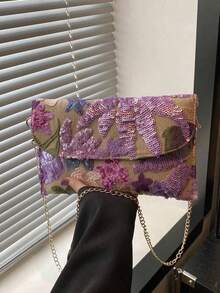 Sequin Embroidered Floral Envelope Bag, Ladies Fashion Sequin Patchwork Clutch Bag, Party Dinner Bag, Random Cut, Suitable Women, Suitable Parties, Weddings, Proms, Parties, Weddings, PROM Dinners/Banquets, With Holiday Party Dresses, Evening Gowns And Sequin Dresses. - 紫色 - 查看 7