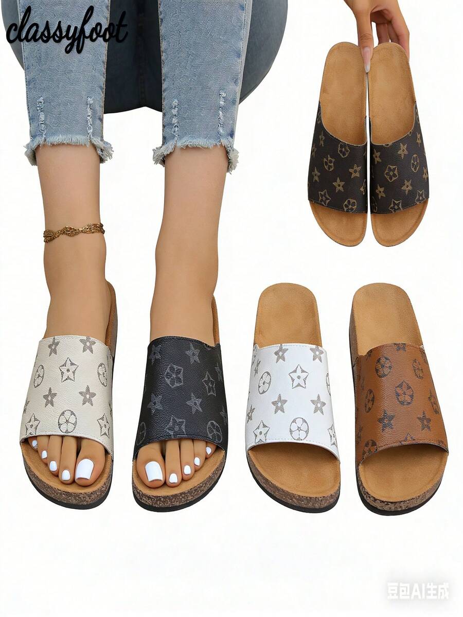 1双女士复古印花软木底拖鞋，夏季户外防滑软底沙滩度假休闲人字拖，欧美风大码