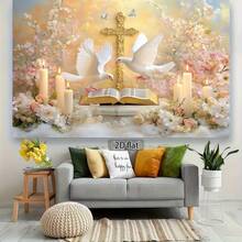 1 Stück religiöses Kreuz- und Tauben-Themen Banner, aus Polyestermaterial gefertigt, Bibel-Blumen und Kerzen Glaubenshintergrund Stoff, geeignet für Taufzeremonien, Kommunionen, Kirchenaktivitäten, religiöse Feiern, Glaubensthemen-Partys, Fotohintergrund Dekoration, Hofdekor, Partydekor usw. - A - Übersicht 4