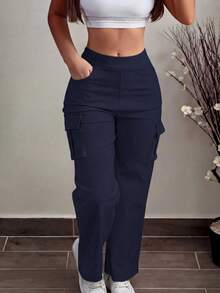Plus Size Women's Casual Fashion Versatile Cargo Pants Spring - Navy Blue - View 2