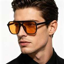 Men's Retro Pilot Fashion Glasses, Black Frame Orange Lens, Fashion Eyewear For Daily Wear - Orange - View 1