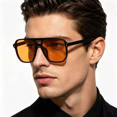 Men's Retro Pilot Fashion Glasses, Black Frame Orange Lens, Fashion Eyewear For Daily Wear
