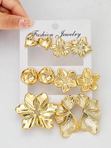 12 piezas Conjunto de aretes de moda, con diseños de flor eterna, envuelto redondo, flor de cinco pétalos y diseños florales asimétricos. Hechos de resina ABS con chapado UV, hipoalergénicos y elegantes para hombres, adecuados para uso diario, fiestas y como regalo para la esposa o la madre. - Dorado - Ver 4