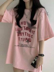 Women's Casual Loose Fit Round Neck Letter & Star Print Short Sleeve T-Shirt, Versatile For Spring/Summer - Baby Pink - View 1