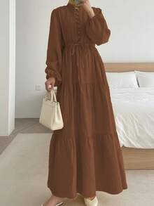 Women's Elegant Solid Color Button Waist Tie Belted Long Sleeve Patchwork Hem Dress, Suitable For Daily Wear, Birthday Party, Formal Evening, Date, Autumn/Winter Spring - Brown - View 1