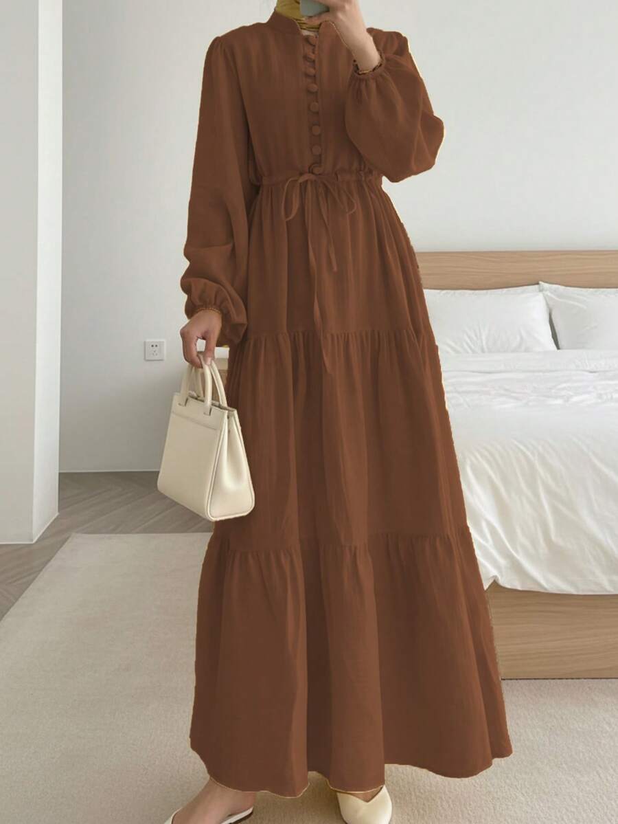Women's Elegant Solid Color Button Waist Tie Belted Long Sleeve Patchwork Hem Dress, Suitable For Daily Wear, Birthday Party, Formal Evening, Date, Autumn/Winter Spring - Brown - View 1