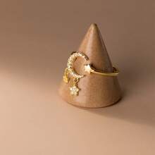 立方氧化锆月亮星星吊坠开口戒指，适合女性日常佩戴 - 金黃色 - 查看 3