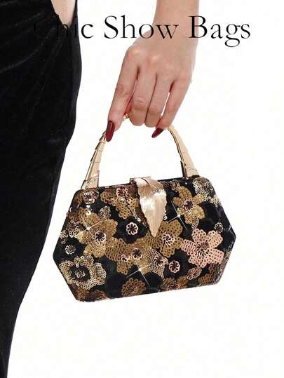 Sparkling Floral Sequin Clutch Bag, With Metal Leaf Clasp, Suitable For Weddings And Parties