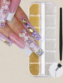12-Grids Nail Beads With 1Pc Magnet Picker Tool 3D 12Grids Gold Silver Caviar Beads Metal Nail Charms Gems Mixed-Sizes Gold Silver Steel Balls Nail Art Design Decoration Manicure Diy Supplies Metal Charm Mini Caviar Nail Beads Crystal Decoration Nails - 彩色 - 查看 3