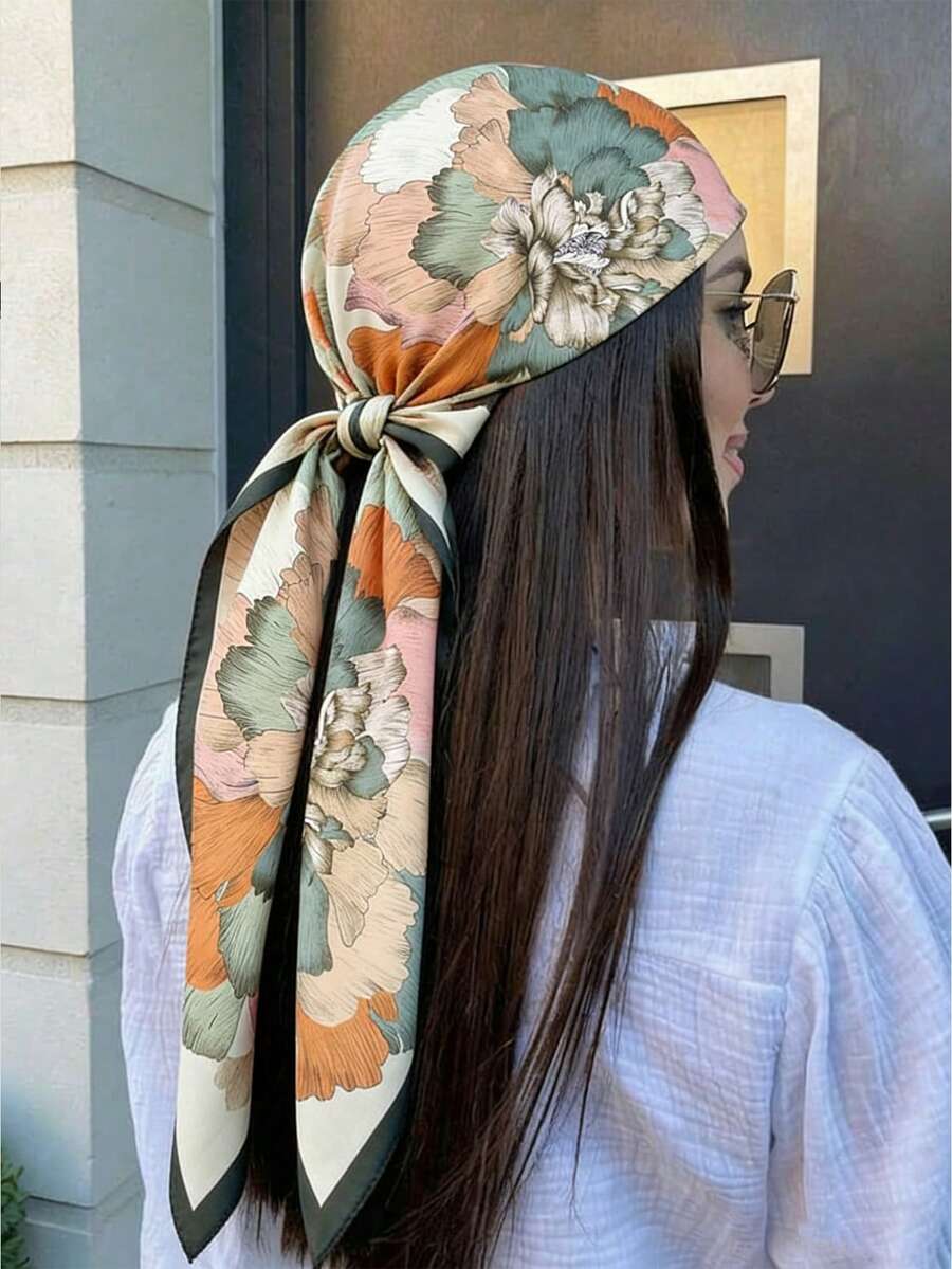 1pc Women's Fashion Peony Print 90cm Square Scarf, Printed Shawl Versatile For Spring/Autumn, Contrast Color Stylish Bandana, Suitable For All Seasons,Beach,Holiday