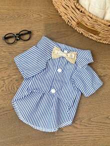 条纹狗狗衬衫配领结，轻便春夏宠物上衣，小型犬户外服装 - 藍白色 - 查看 11